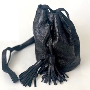 Street Level Shimmery Black Leather Bucket Bag